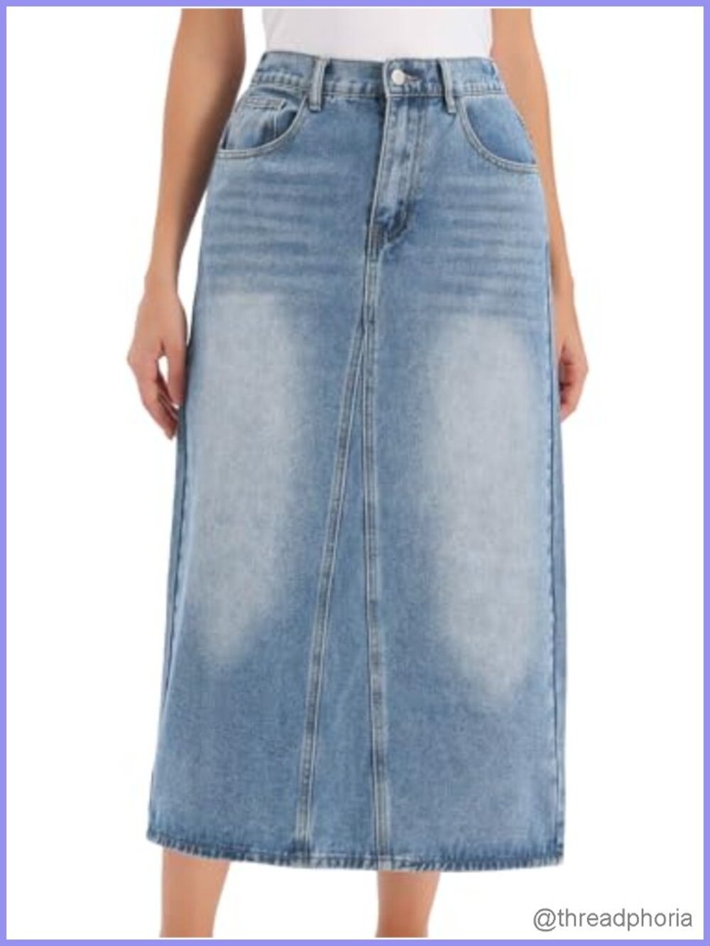 A-Line Long Denim Maxi Skirt Elastic Waist Zip Button 4 Pockets